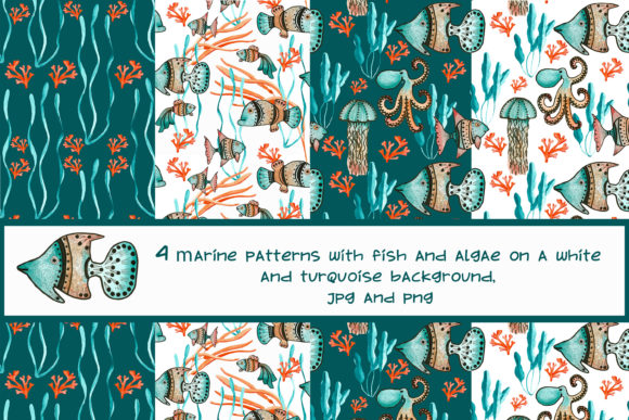 4 Marine Patterns with Fish and Algae
