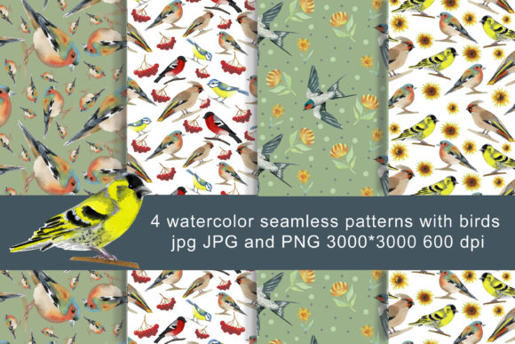 4 Watercolor Seamless Patterns with Bird